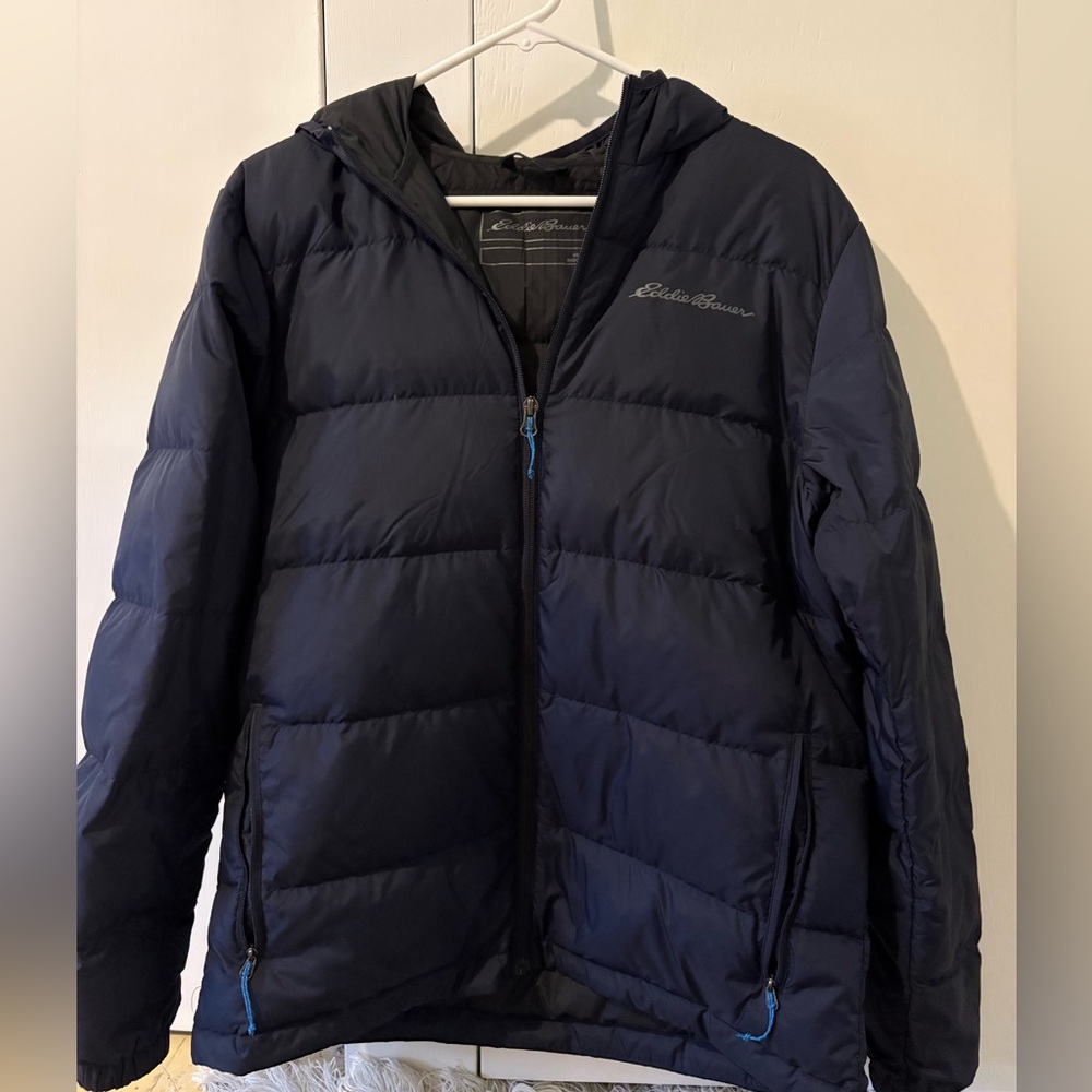 Eddie Bauer Jacket Mens Medium Navy Hooded Down Insulated Puffer Packable Coat
